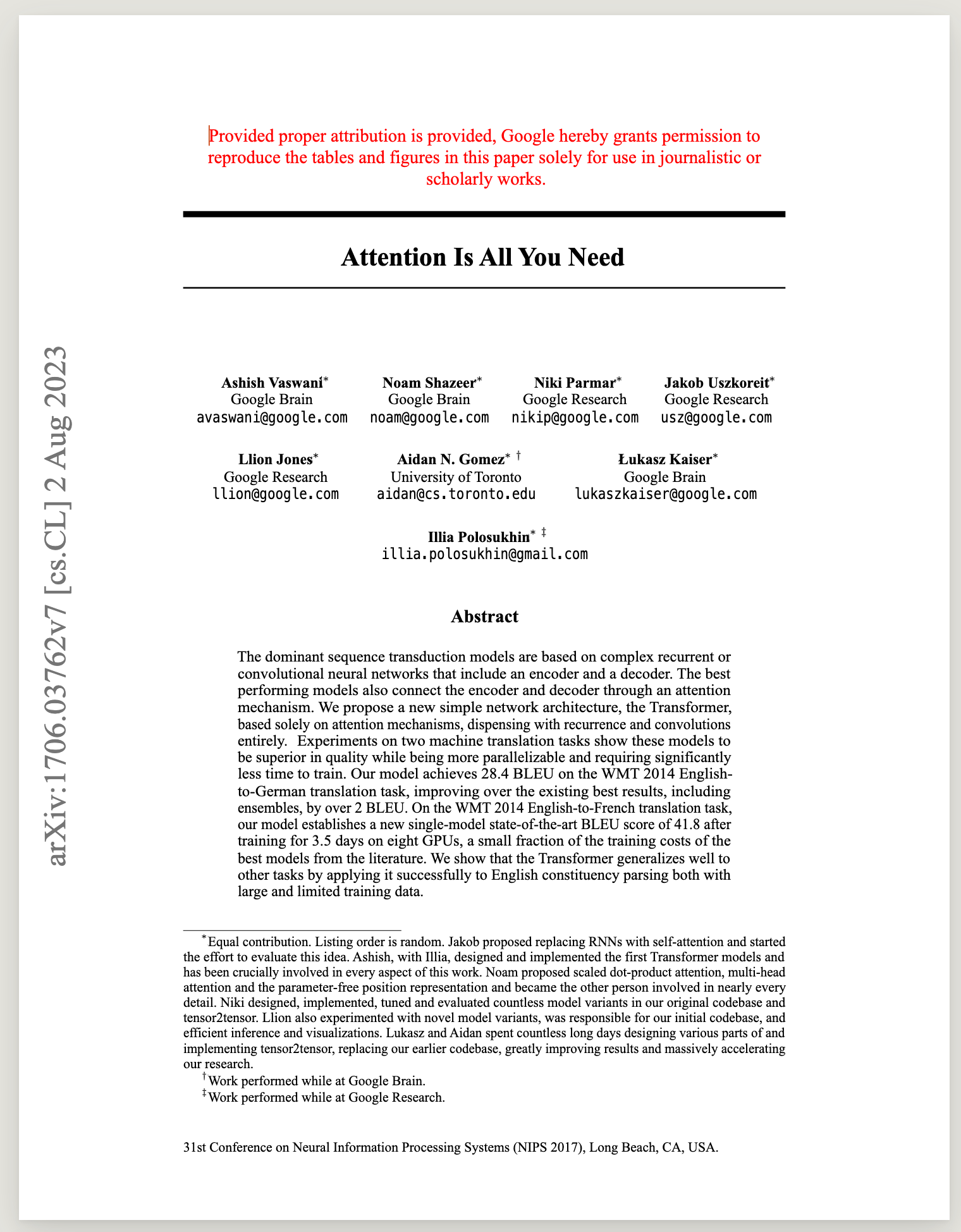 The first page of Attention Is All You Need, including authors and abstract